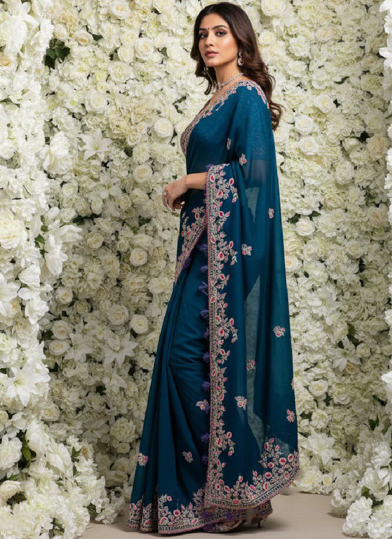 Thread Embroidered Teal Blue Rangoli Silk Heavy Saree With Blouse - Image 3