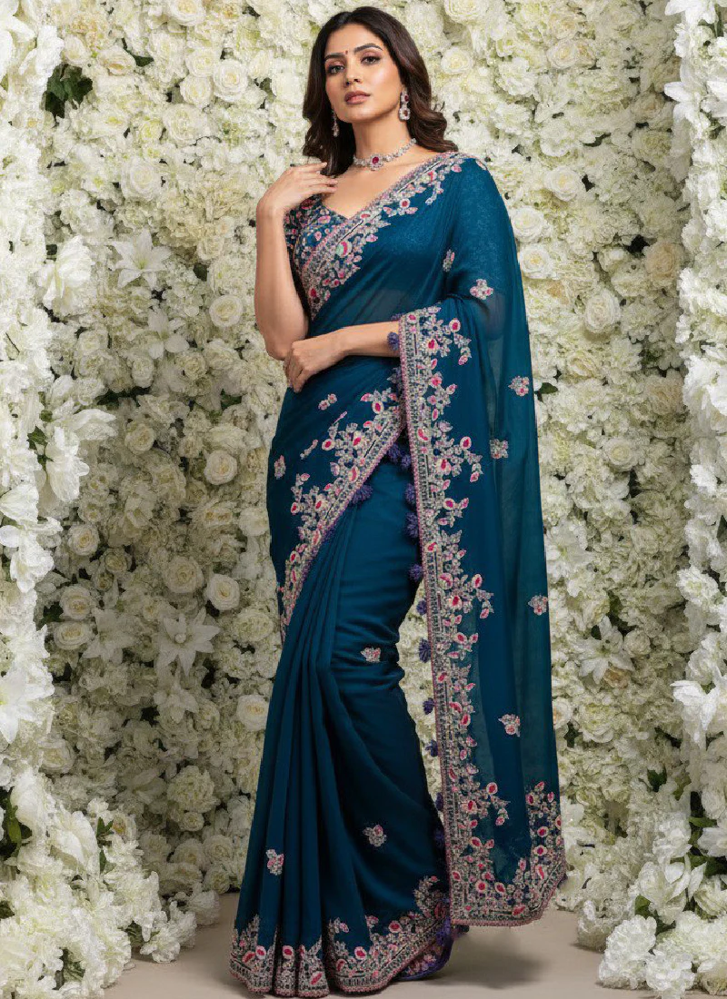 Thread Embroidered Teal Blue Rangoli Silk Heavy Saree With Blouse - Image 4