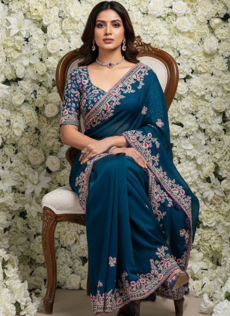 Thread Embroidered Teal Blue Rangoli Silk Heavy Saree With Blouse - Image 5