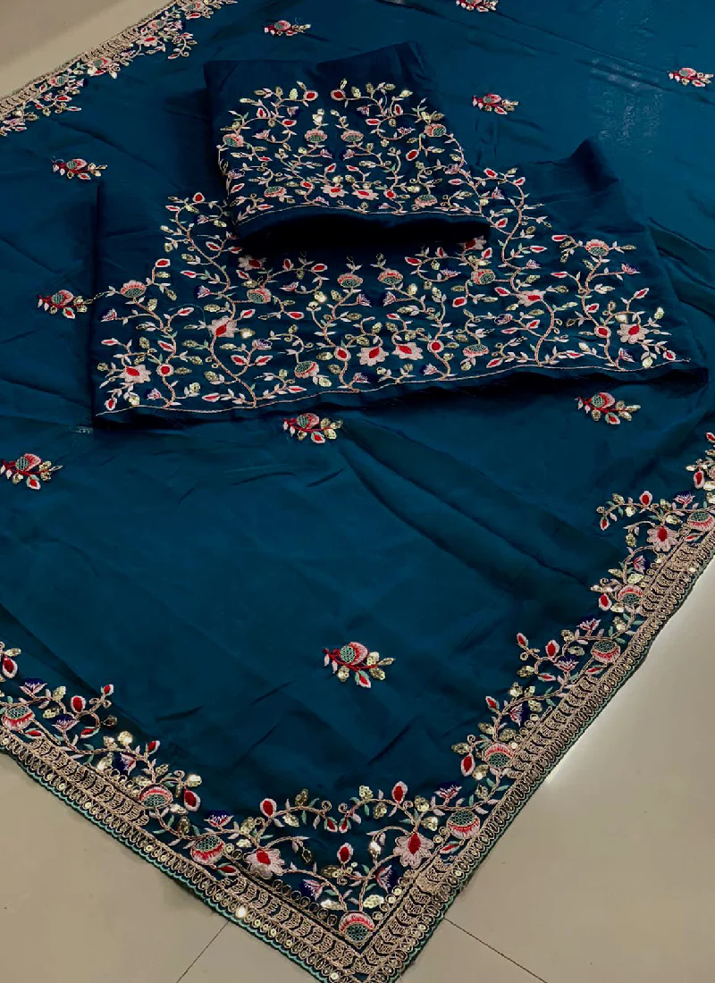 Thread Embroidered Teal Blue Rangoli Silk Heavy Saree With Blouse - Image 6