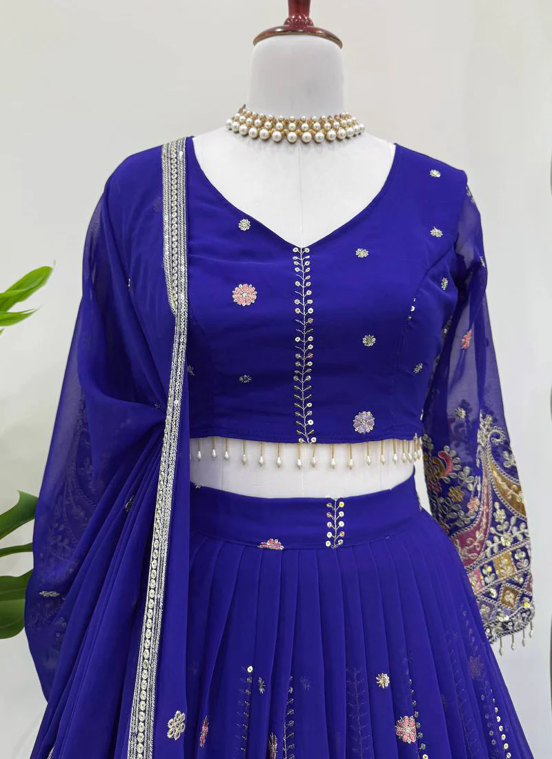 Thread Sequence Work Faux Georgette Royal Blue Lehenga Choli For Women - Image 2