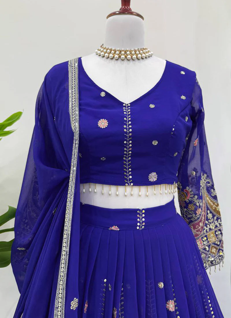 Thread Sequence Work Faux Georgette Royal Blue Lehenga Choli For Women - Image 3