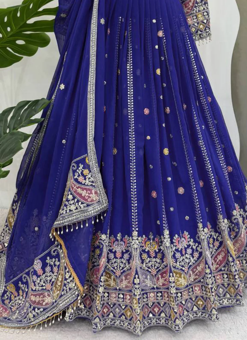 Thread Sequence Work Faux Georgette Royal Blue Lehenga Choli For Women - Image 4