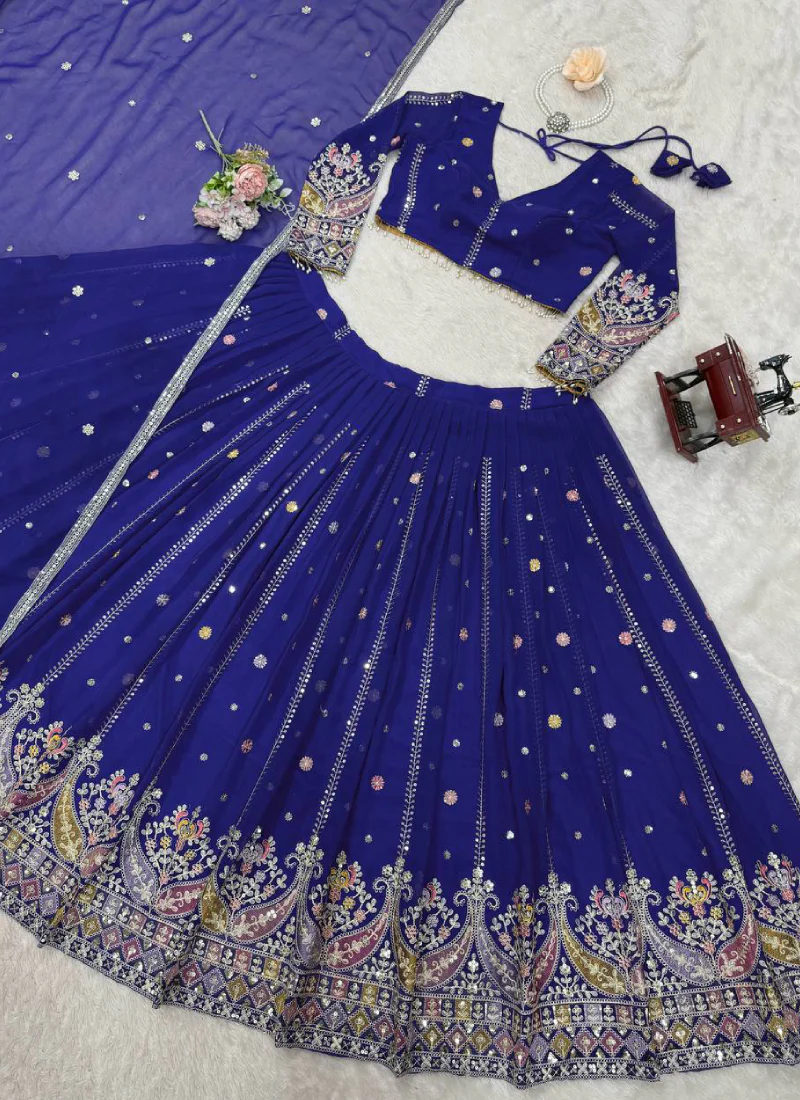 Thread Sequence Work Faux Georgette Royal Blue Lehenga Choli For Women - Image 6