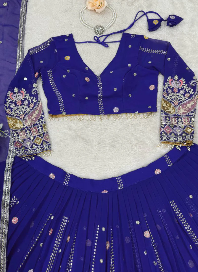 Thread Sequence Work Faux Georgette Royal Blue Lehenga Choli For Women - Image 7