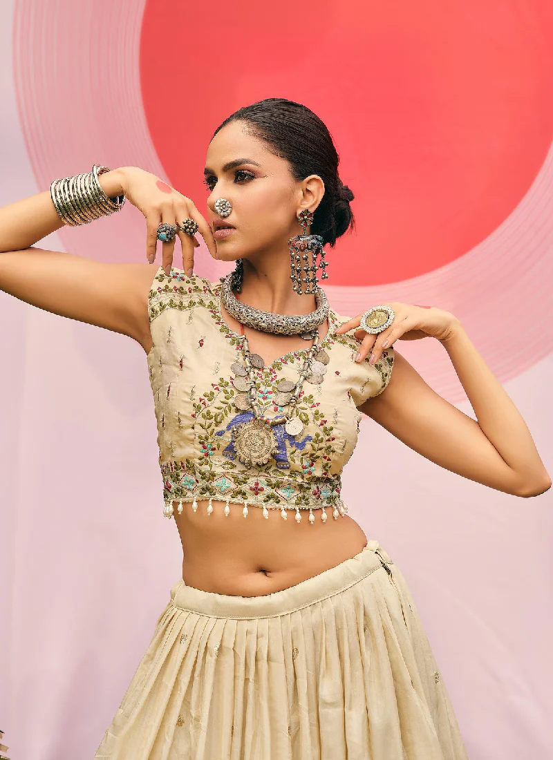 Thread Zari Work Cream Occasional Wear Shimmer Silk Lehenga Choli Set - Image 2