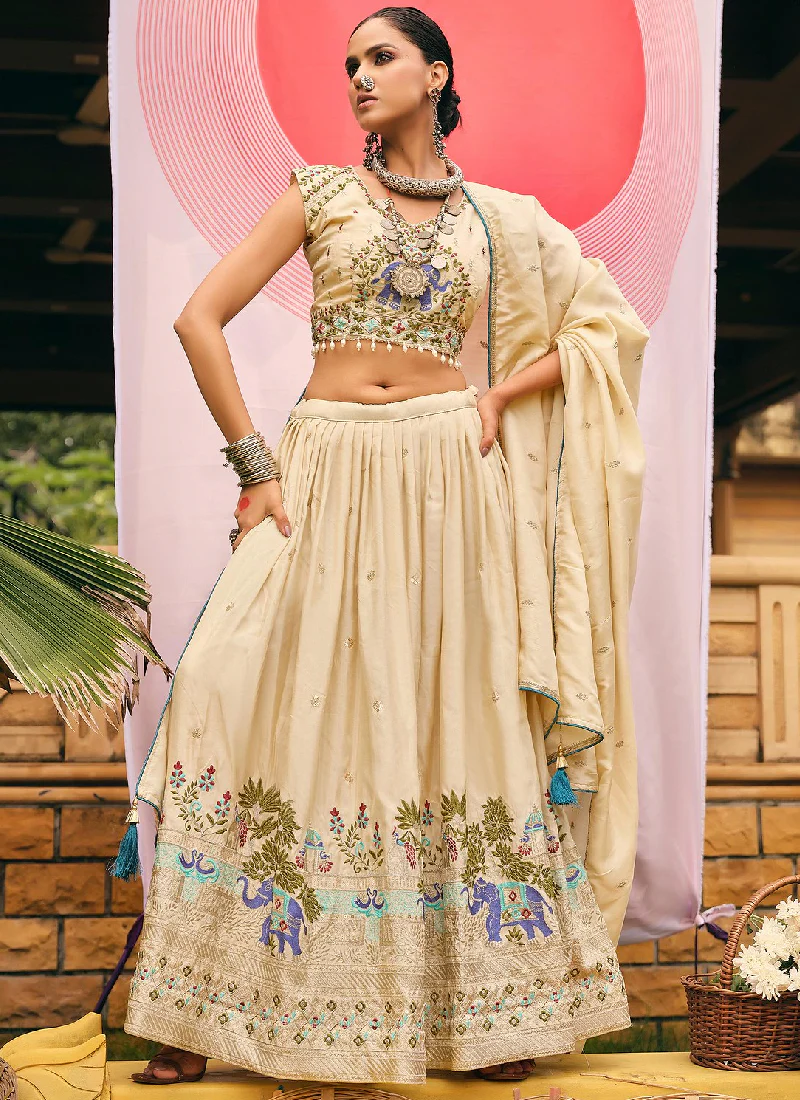 Thread Zari Work Cream Occasional Wear Shimmer Silk Lehenga Choli Set - Image 3