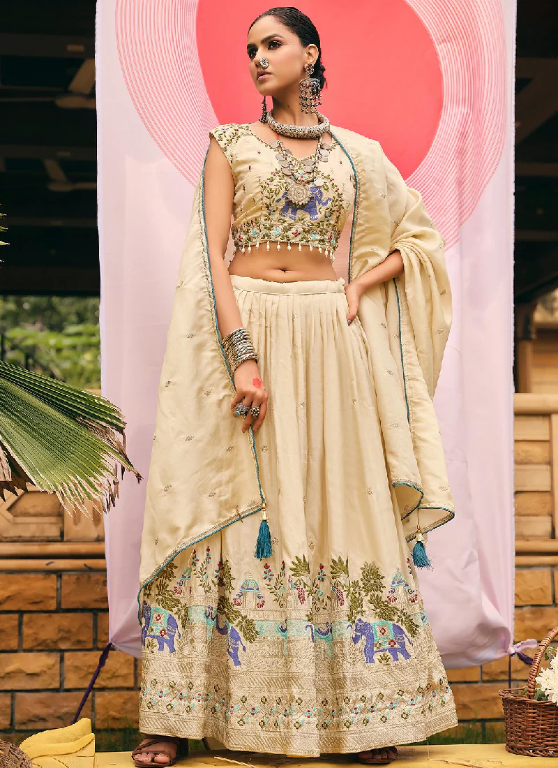 Thread Zari Work Cream Occasional Wear Shimmer Silk Lehenga Choli Set - Image 4