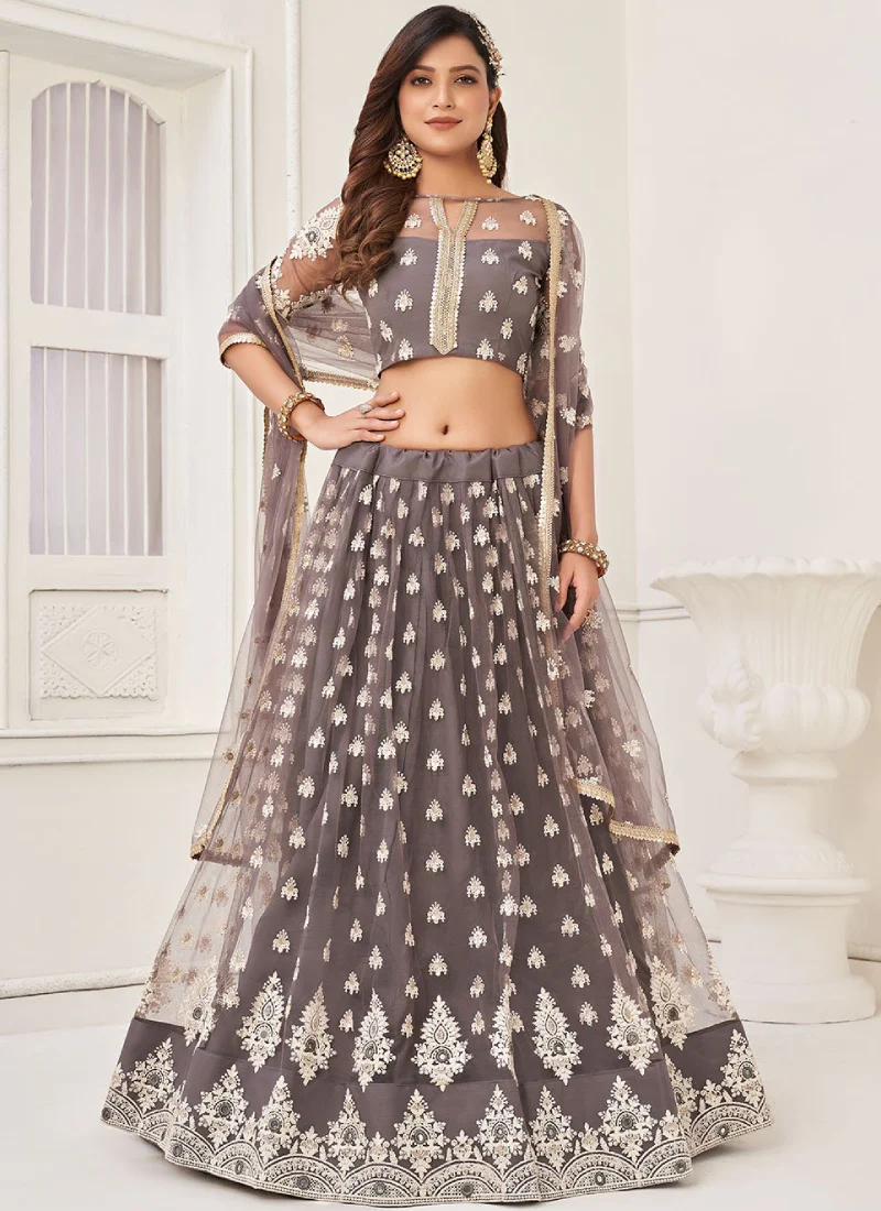 Thrilling Thread Embroidered Grey Lehenga Choli For Reception