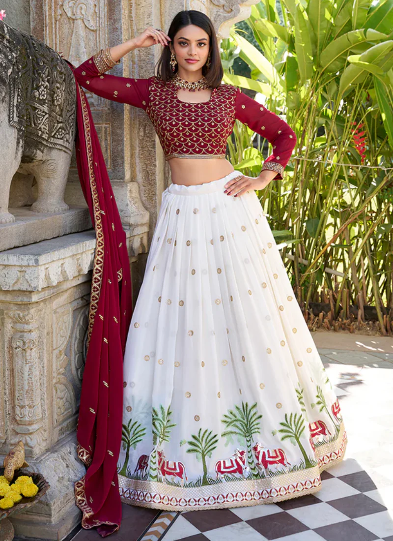 Timeless White Party Wear Georgette Sequins Embroidered Lehenga Choli - Image 4