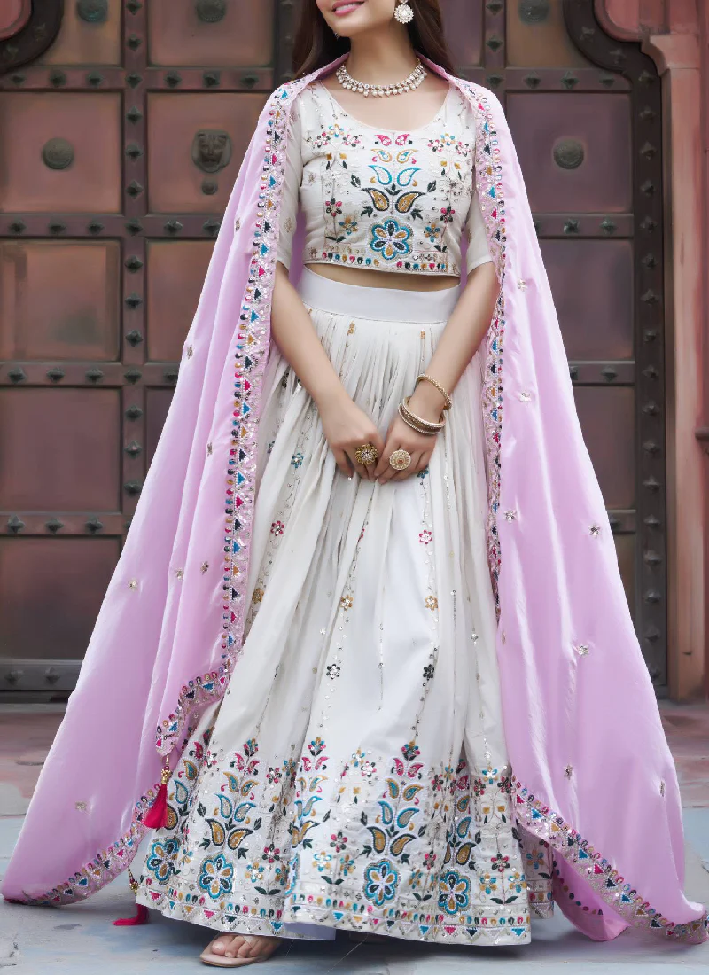 Tissue Silk Embroidered Off White Lehenga Choli With Pink Dupatta - Image 10