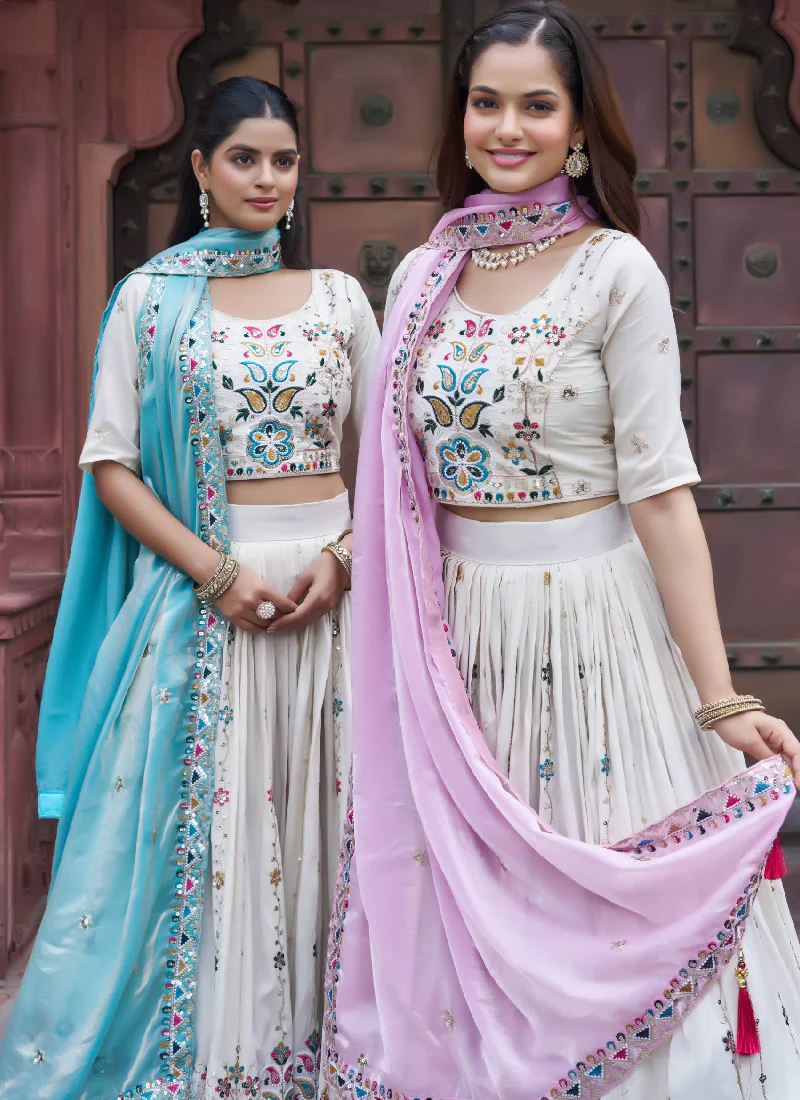 Multi Thread Embroidered Off White Tissue Silk Lehenga Choli Set - Image 11