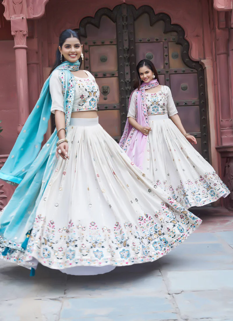Multi Thread Embroidered Off White Tissue Silk Lehenga Choli Set - Image 12