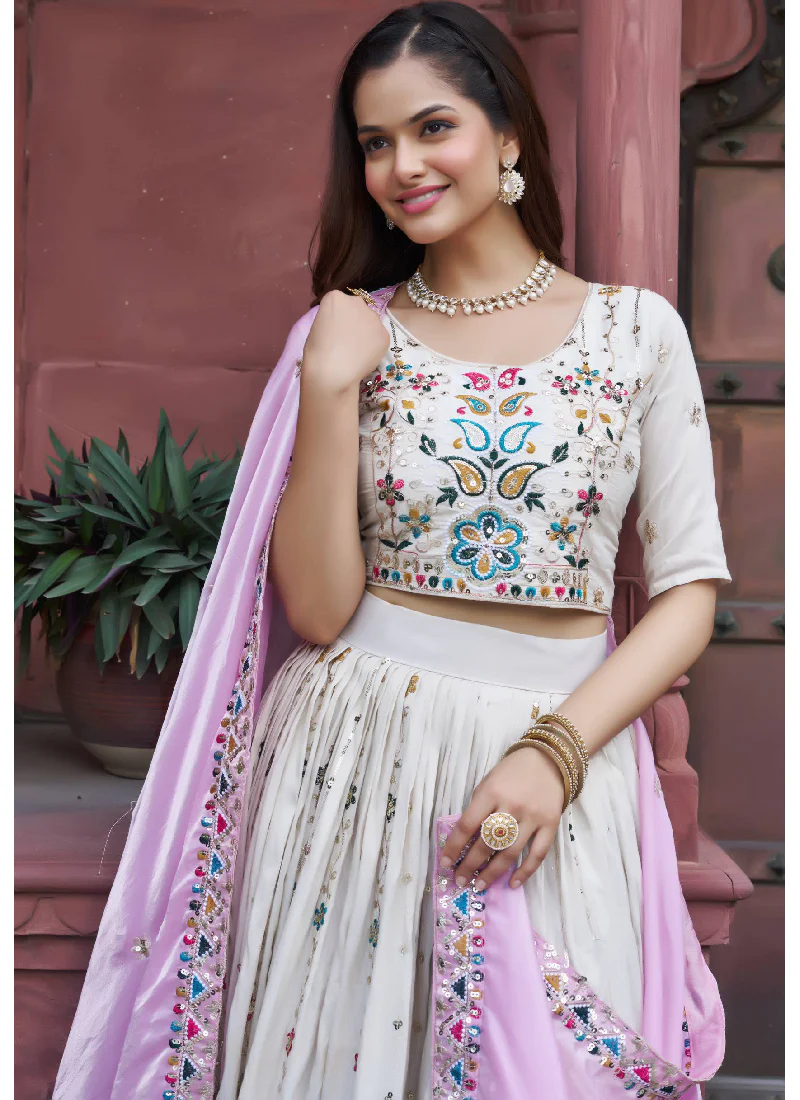 Tissue Silk Embroidered Off White Lehenga Choli With Pink Dupatta - Image 2