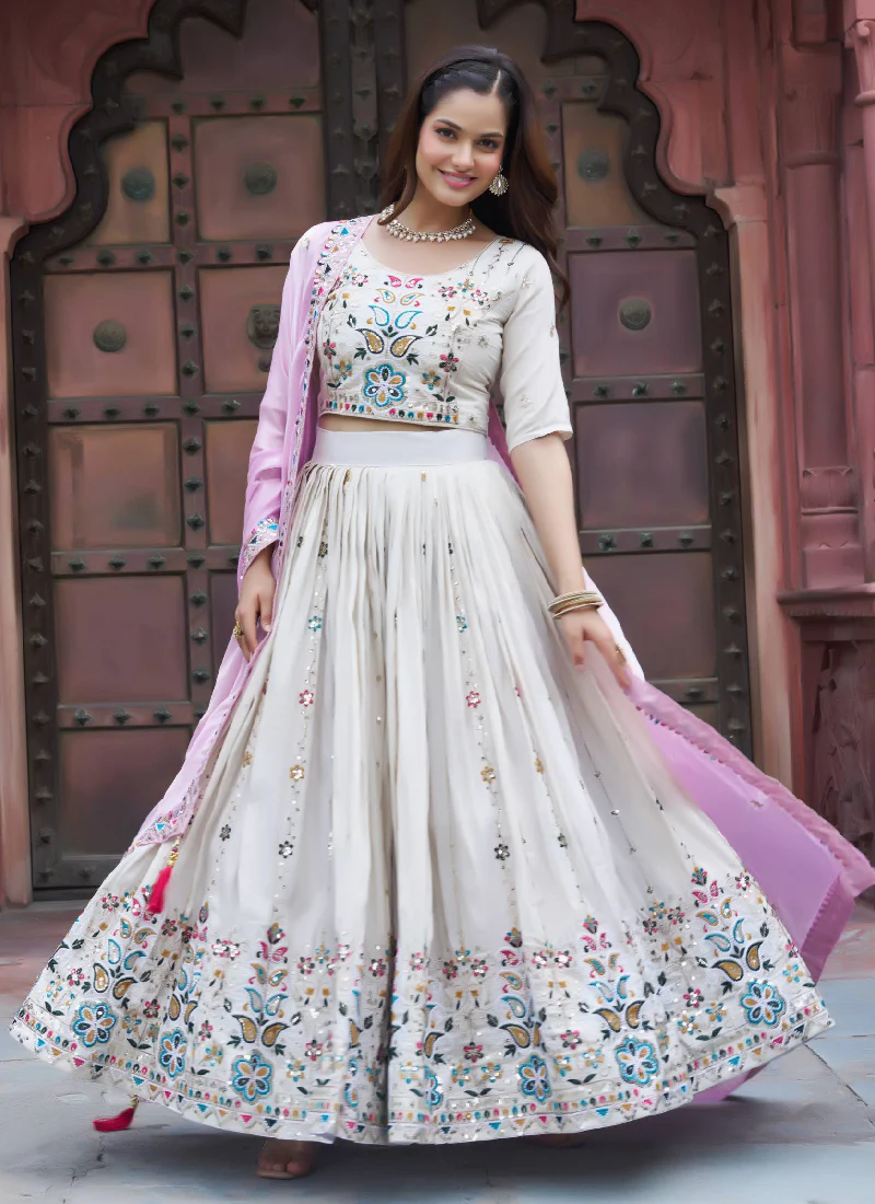 Tissue Silk Embroidered Off White Lehenga Choli With Pink Dupatta - Image 5