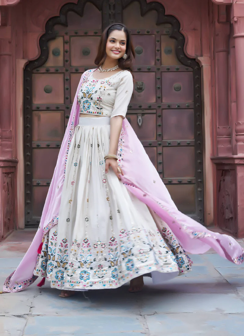 Tissue Silk Embroidered Off White Lehenga Choli With Pink Dupatta - Image 6
