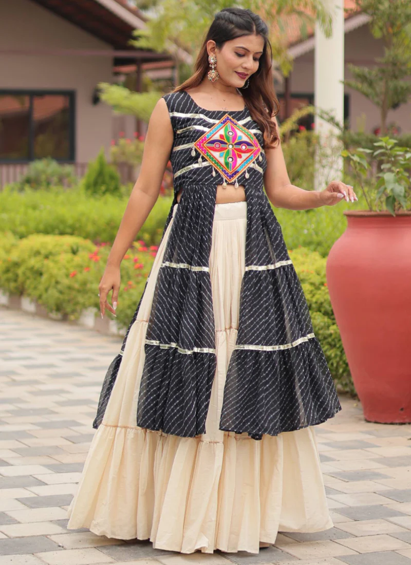 Traditional Black Gamthi Embroidered Shrug With Beige Cotton Lehenga - Image 3