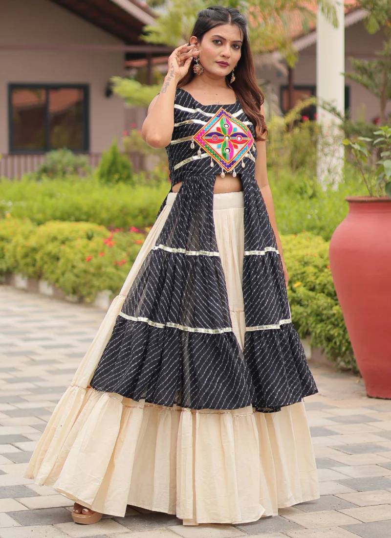 Traditional Black Gamthi Embroidered Shrug With Beige Cotton Lehenga - Image 5
