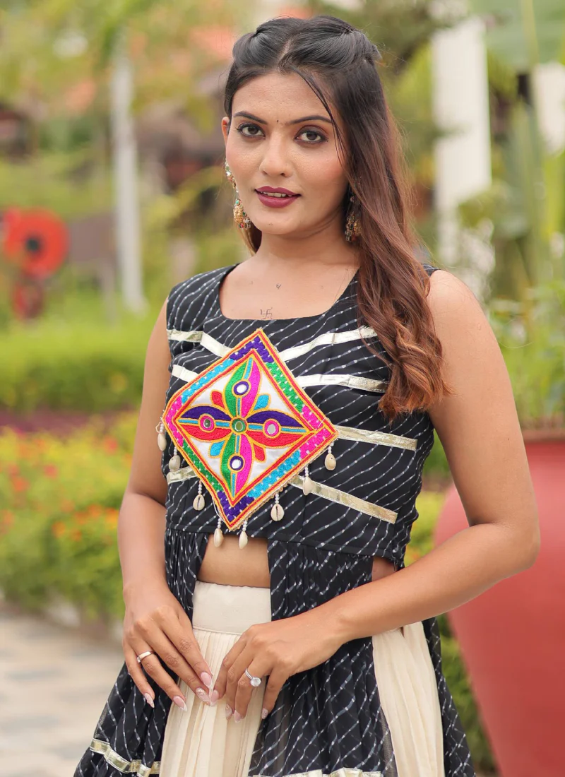 Traditional Black Gamthi Embroidered Shrug With Beige Cotton Lehenga - Image 6