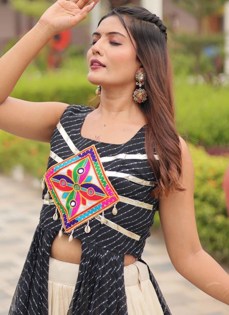 Traditional Black Gamthi Embroidered Shrug With Beige Cotton Lehenga - Image 8