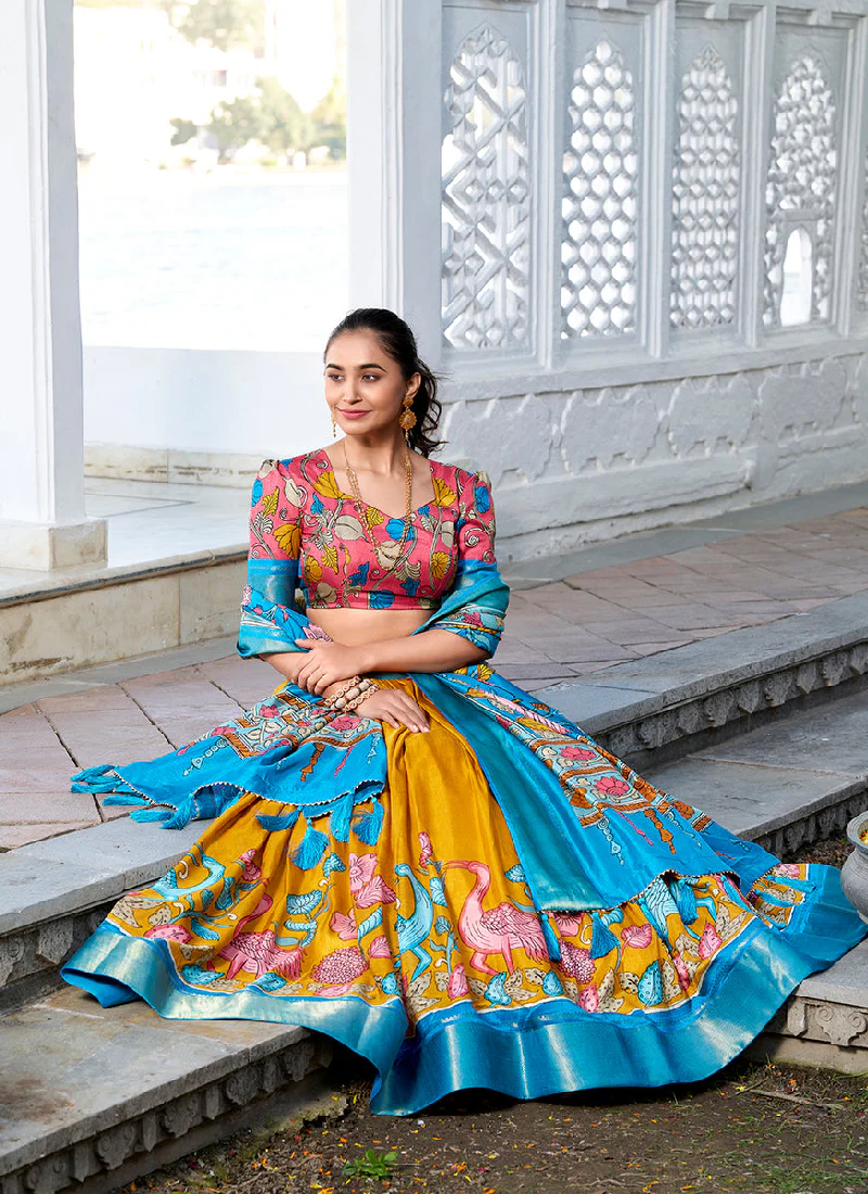 Traditional Dola Silk Kalamkari Printed Yellow Lehenga Choli For Women - Image 3