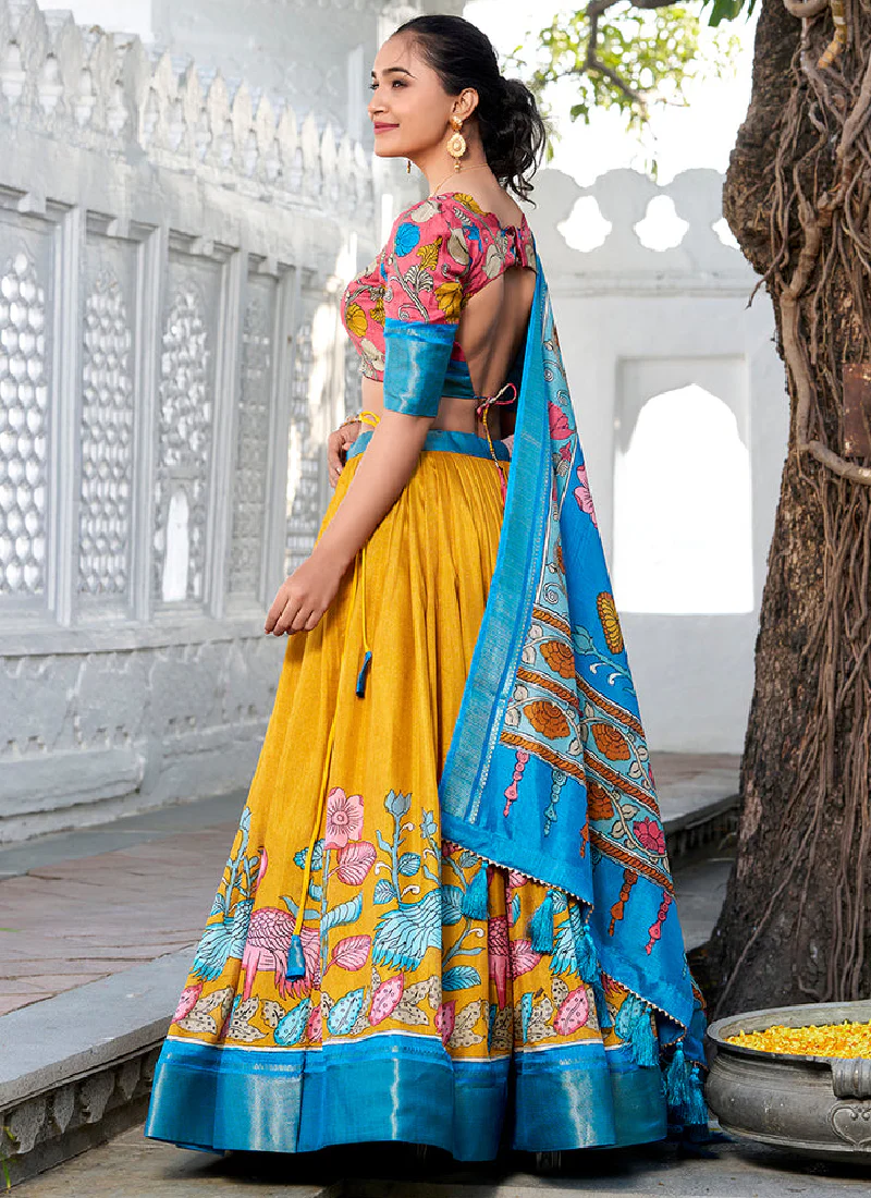 Traditional Dola Silk Kalamkari Printed Yellow Lehenga Choli For Women - Image 4