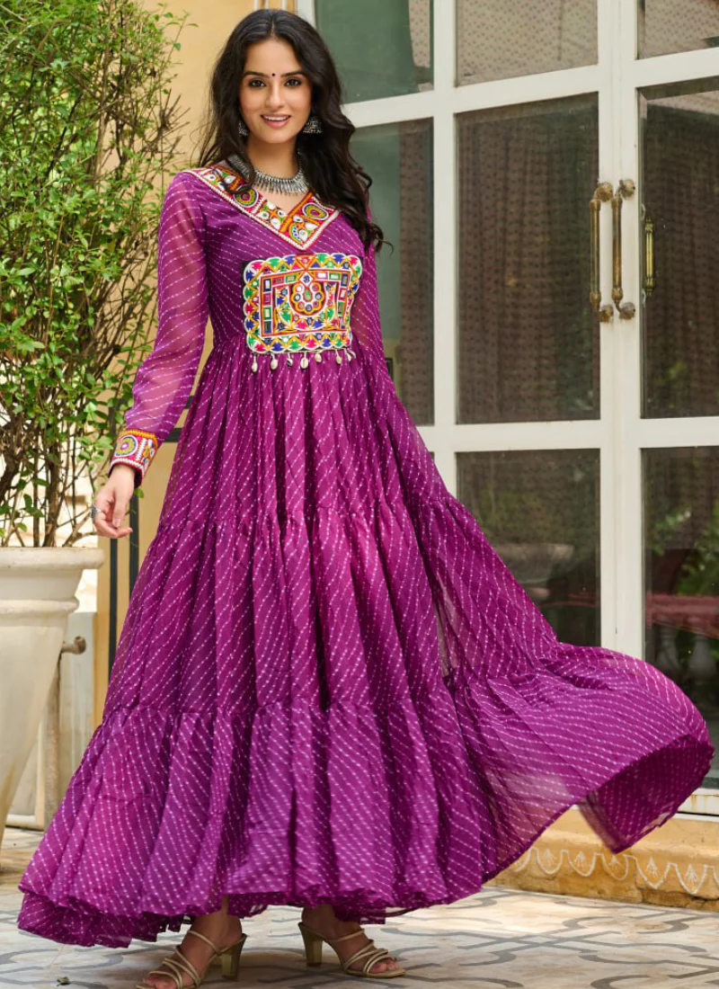 Traditional Gamthi Work Laheriya Printed Georgette Wine Gown For Women - Image 3