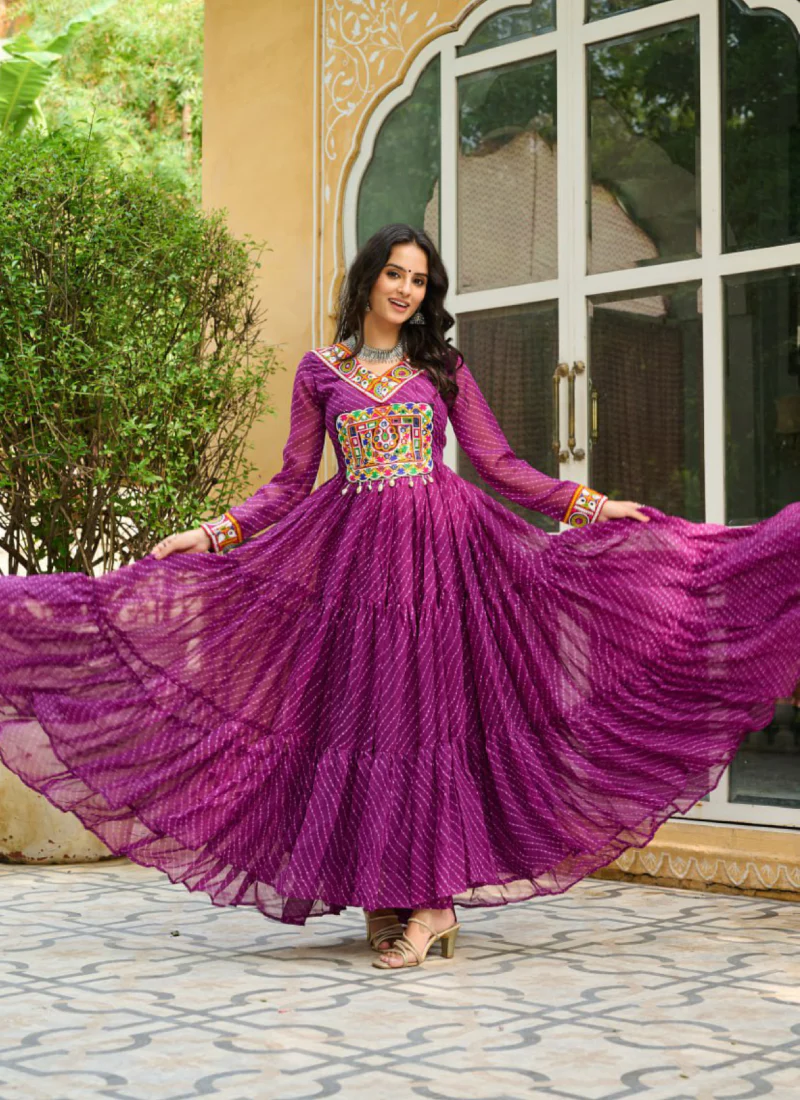 Traditional Gamthi Work Laheriya Printed Georgette Wine Gown For Women - Image 6