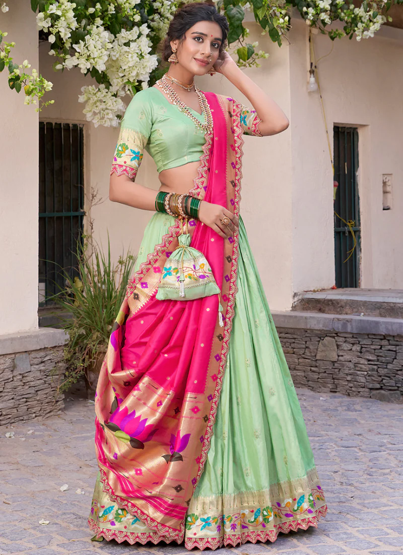 Traditional Jacquard Silk Zari Weaving Work Pista Green Lehenga Choli - Image 2