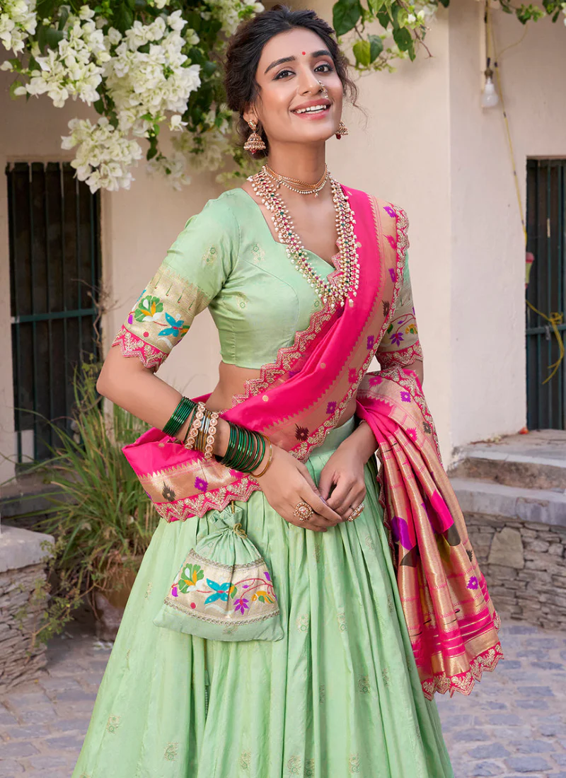 Traditional Jacquard Silk Zari Weaving Work Pista Green Lehenga Choli - Image 3