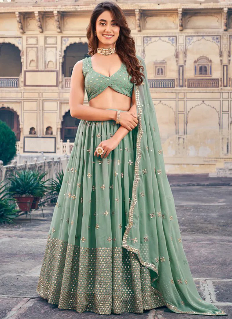 Traditional Wear Designer Sequence Work Georgette Green Lehenga Choli
