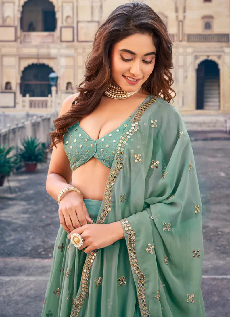 Traditional Wear Designer Sequence Work Georgette Green Lehenga Choli - Image 2