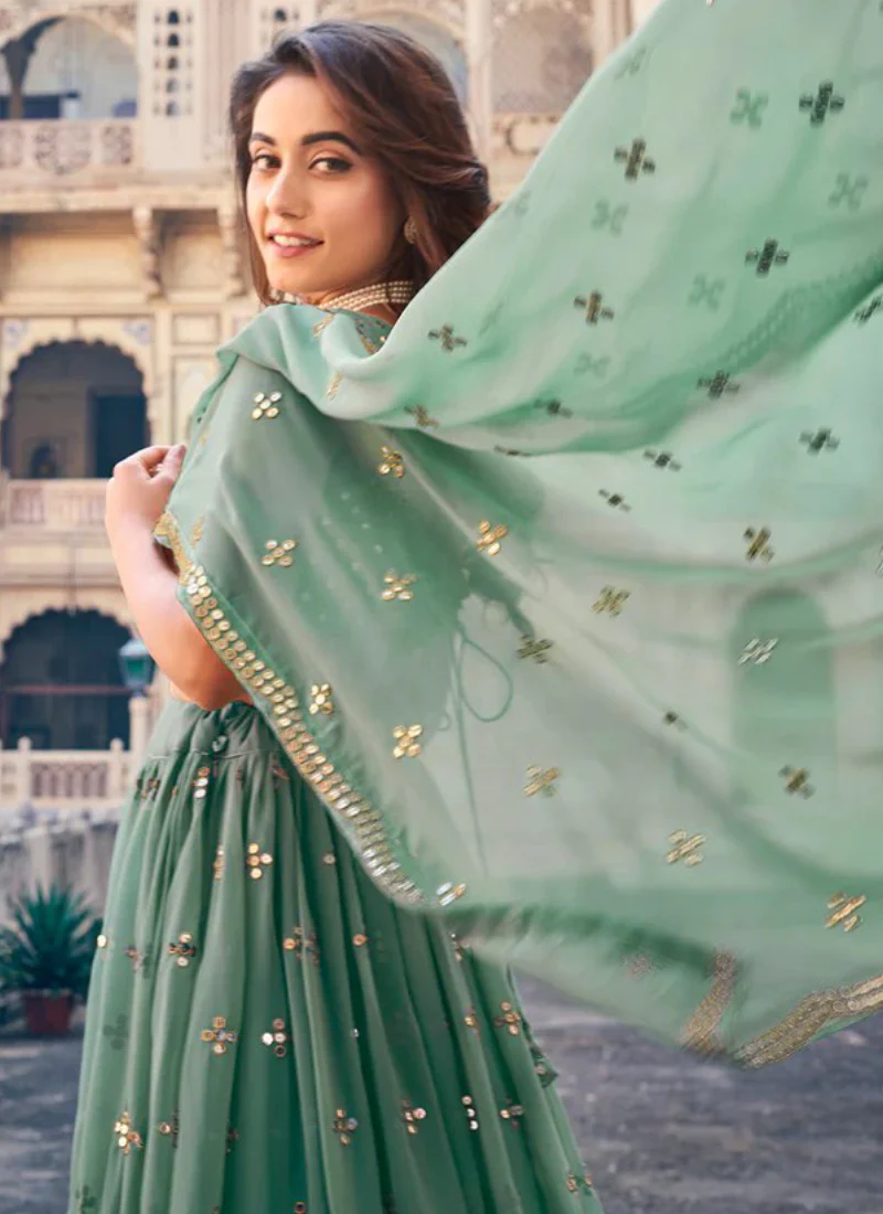 Traditional Wear Designer Sequence Work Georgette Green Lehenga Choli - Image 3