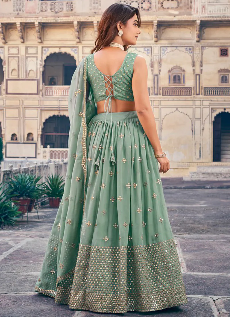 Traditional Wear Designer Sequence Work Georgette Green Lehenga Choli - Image 6