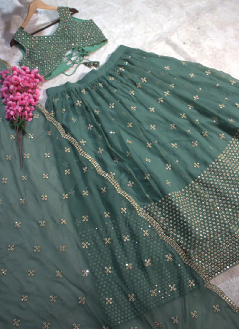Traditional Wear Designer Sequence Work Georgette Green Lehenga Choli - Image 7