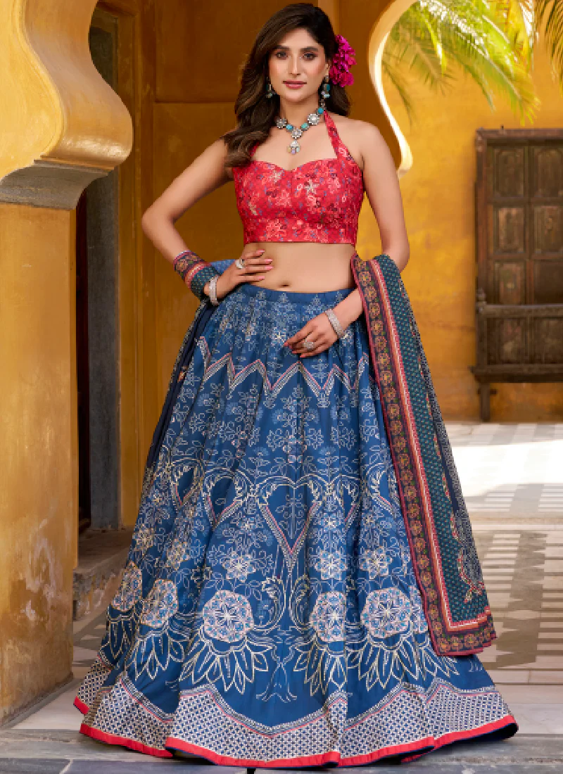 Traditional Wear Printed Vaishali Silk Blue Lehenga With Pink Blouse