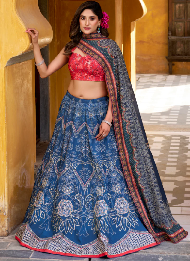 Traditional Wear Printed Vaishali Silk Blue Lehenga With Pink Blouse - Image 3
