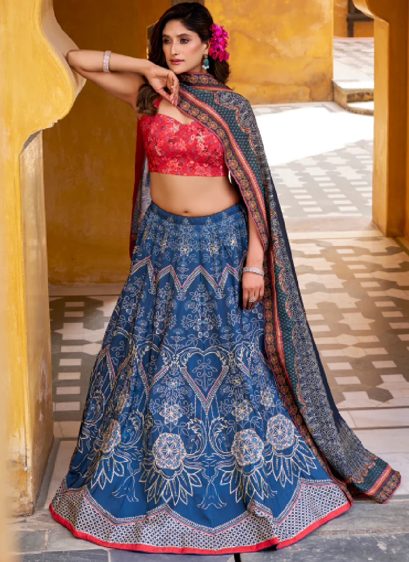 Traditional Wear Printed Vaishali Silk Blue Lehenga With Pink Blouse - Image 4