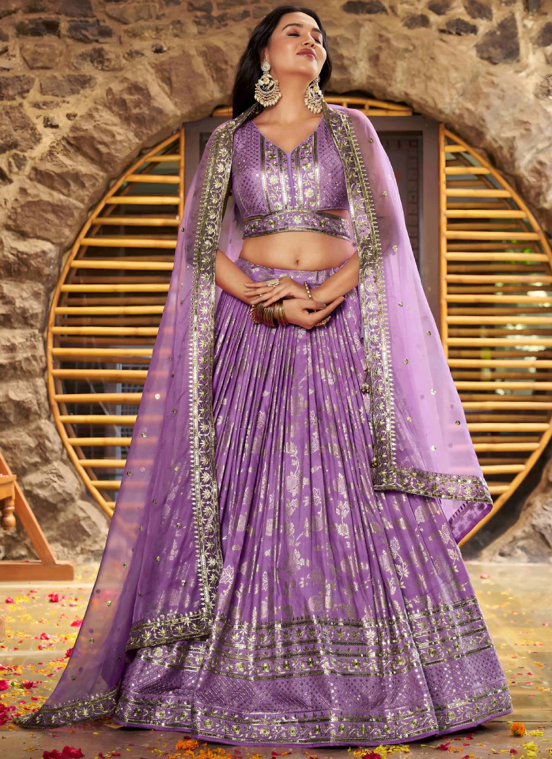 Traditional Zari Weaving Sequence Work Lavender Jacquard Silk Lehenga - Image 3