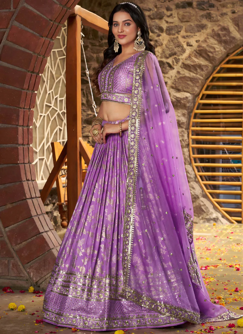 Traditional Zari Weaving Sequence Work Lavender Jacquard Silk Lehenga - Image 4