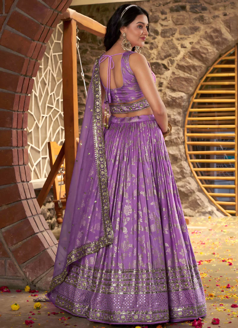 Traditional Zari Weaving Sequence Work Lavender Jacquard Silk Lehenga - Image 6