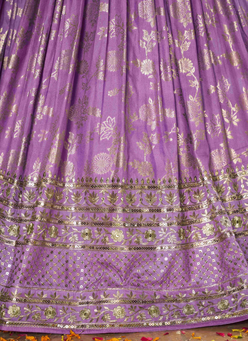 Traditional Zari Weaving Sequence Work Lavender Jacquard Silk Lehenga - Image 8