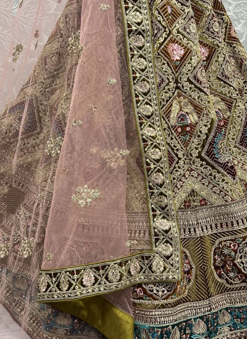 Trending Diamond Work Mehndi Green Velvet Lehenga Choli - Image 3