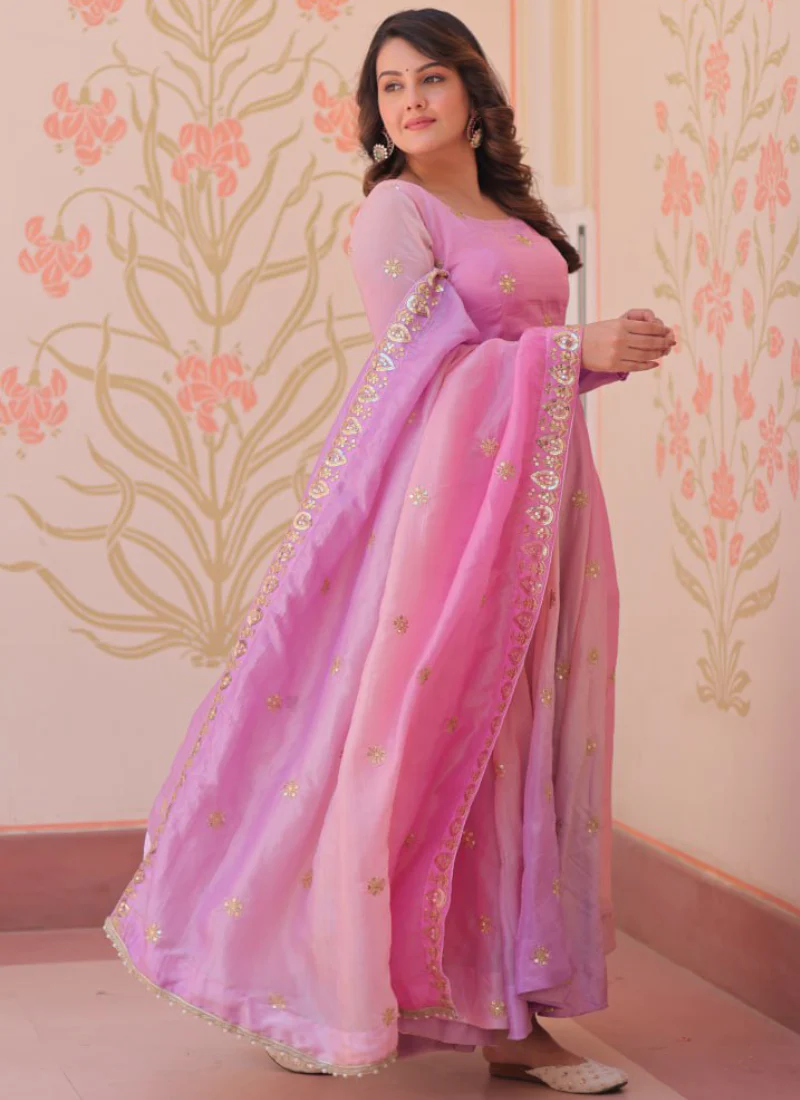 Umbrella Cut Sequence Work Organza Pink Anarkali Suit With Dupatta - Image 3