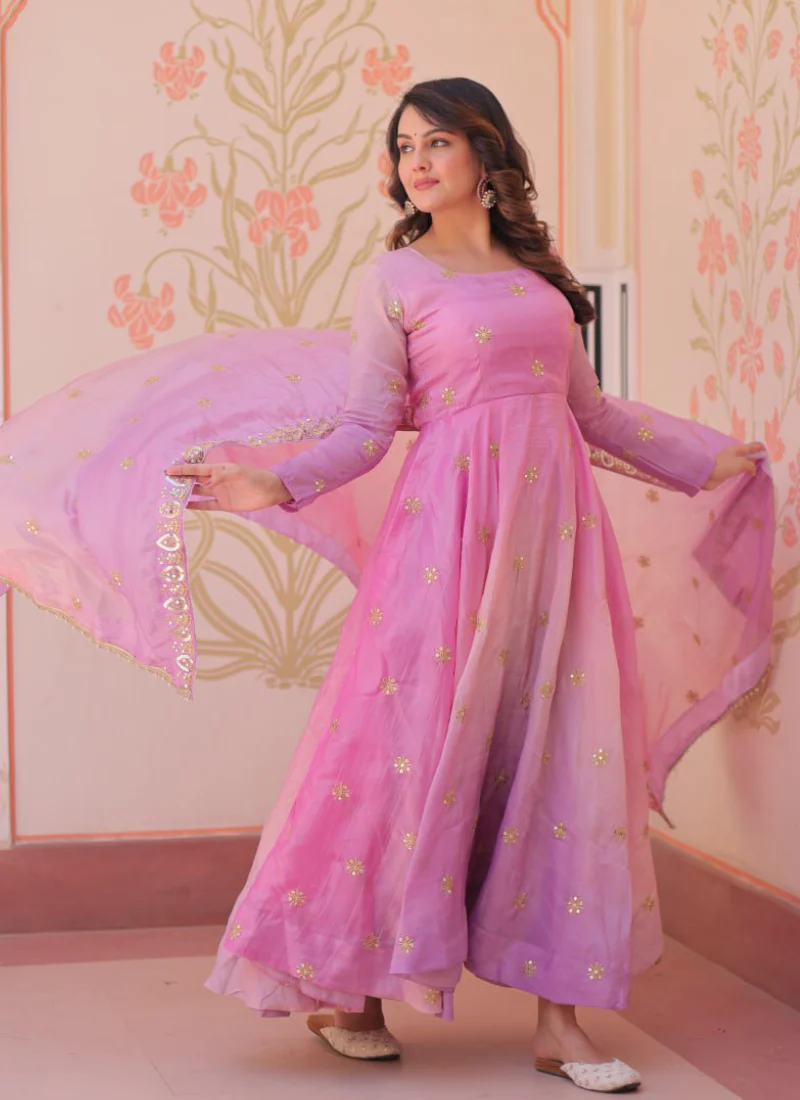 Umbrella Cut Sequence Work Organza Pink Anarkali Suit With Dupatta - Image 4