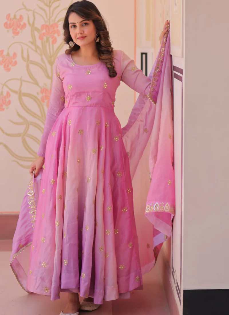 Umbrella Cut Sequence Work Organza Pink Anarkali Suit With Dupatta - Image 5