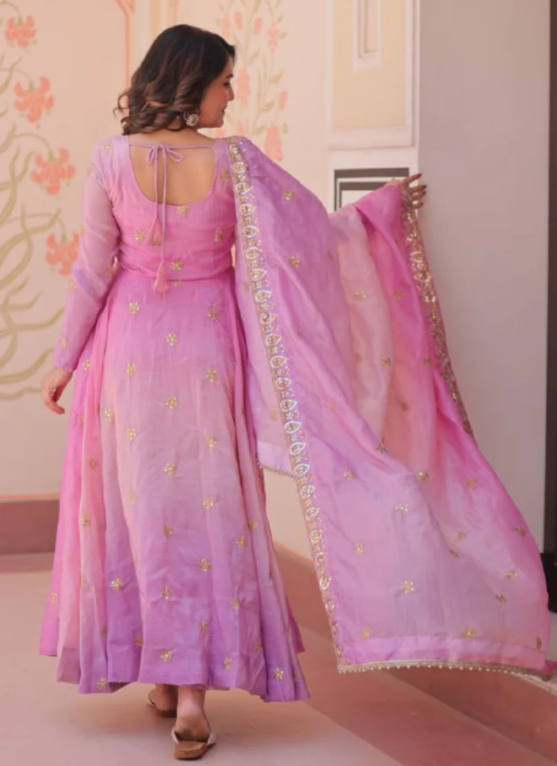 Umbrella Cut Sequence Work Organza Pink Anarkali Suit With Dupatta - Image 6