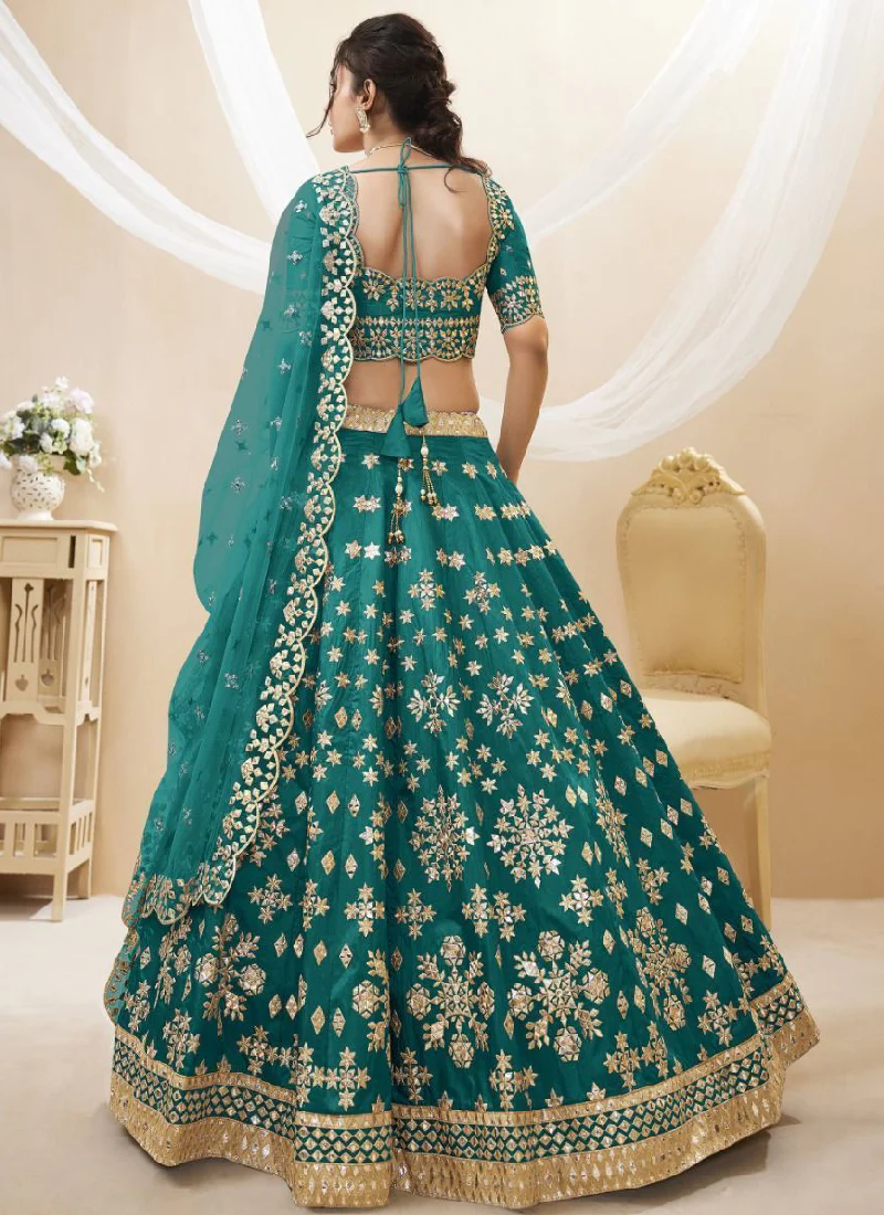 Unique Foil Mirror Work Mulberry Silk Teal Green Lehenga Choli - Image 3