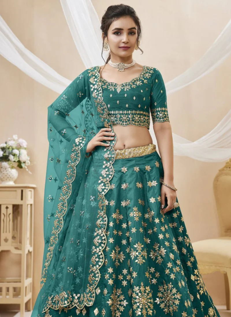 Unique Foil Mirror Work Mulberry Silk Teal Green Lehenga Choli - Image 4