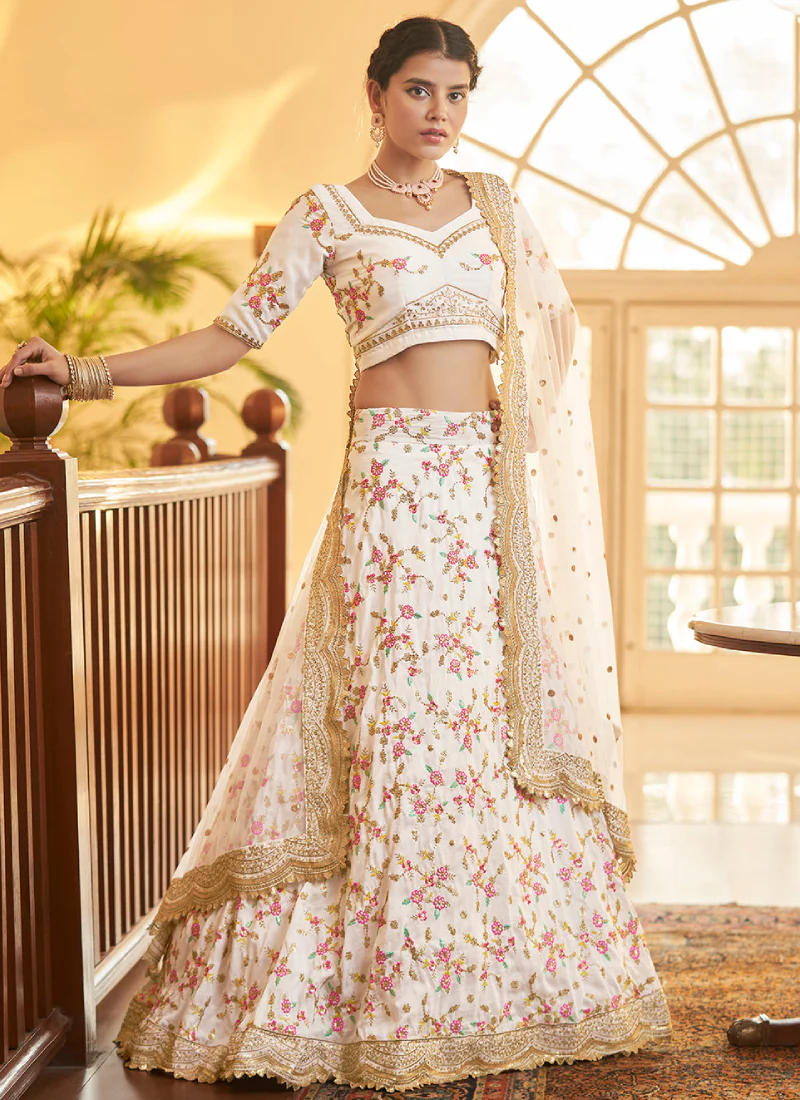 Unique Multi Thread Work Chinon Silk White Lehenga Choli - Image 3